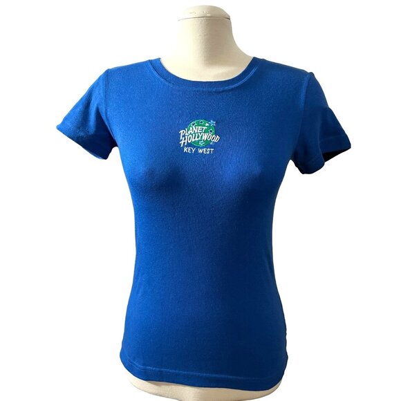 Planet Hollywood  Vintage 1991 Key West Baby Tee Sz Large Womens Royal Blue - Picture 1 of 7